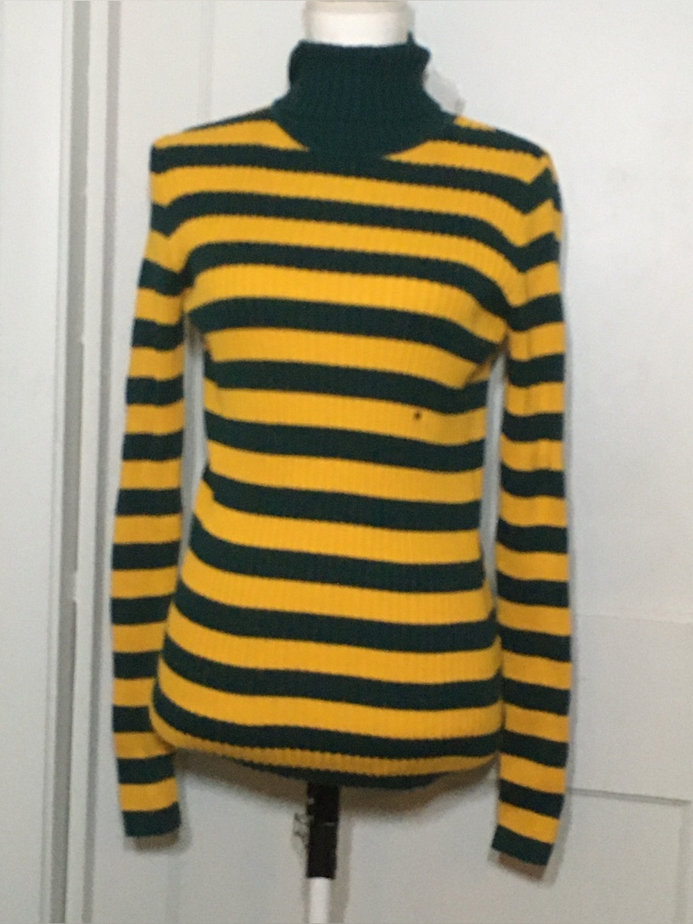 GAP Yellow & Dark Green Striped Ribbed Turtleneck Sweater